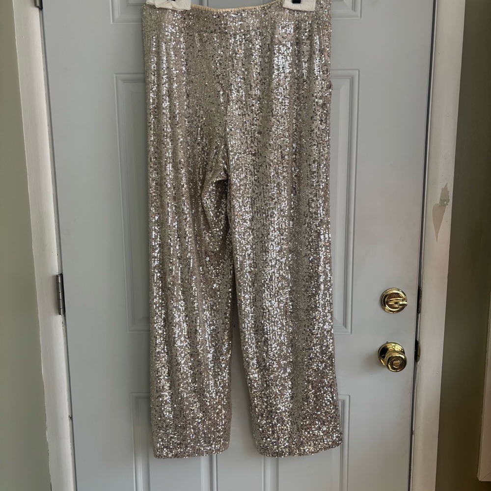 Boston Proper Gold Sequin Wide-Leg Pants, Size Large - Picture 7 of 12